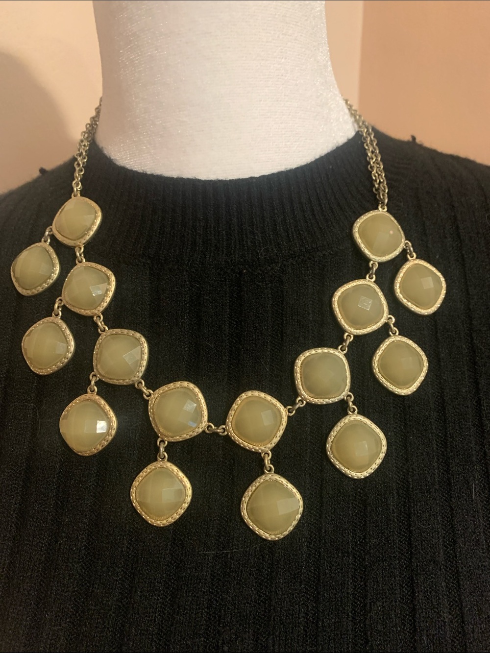 Gold-Tone Necklace with Pale Olive Gemstone Drops